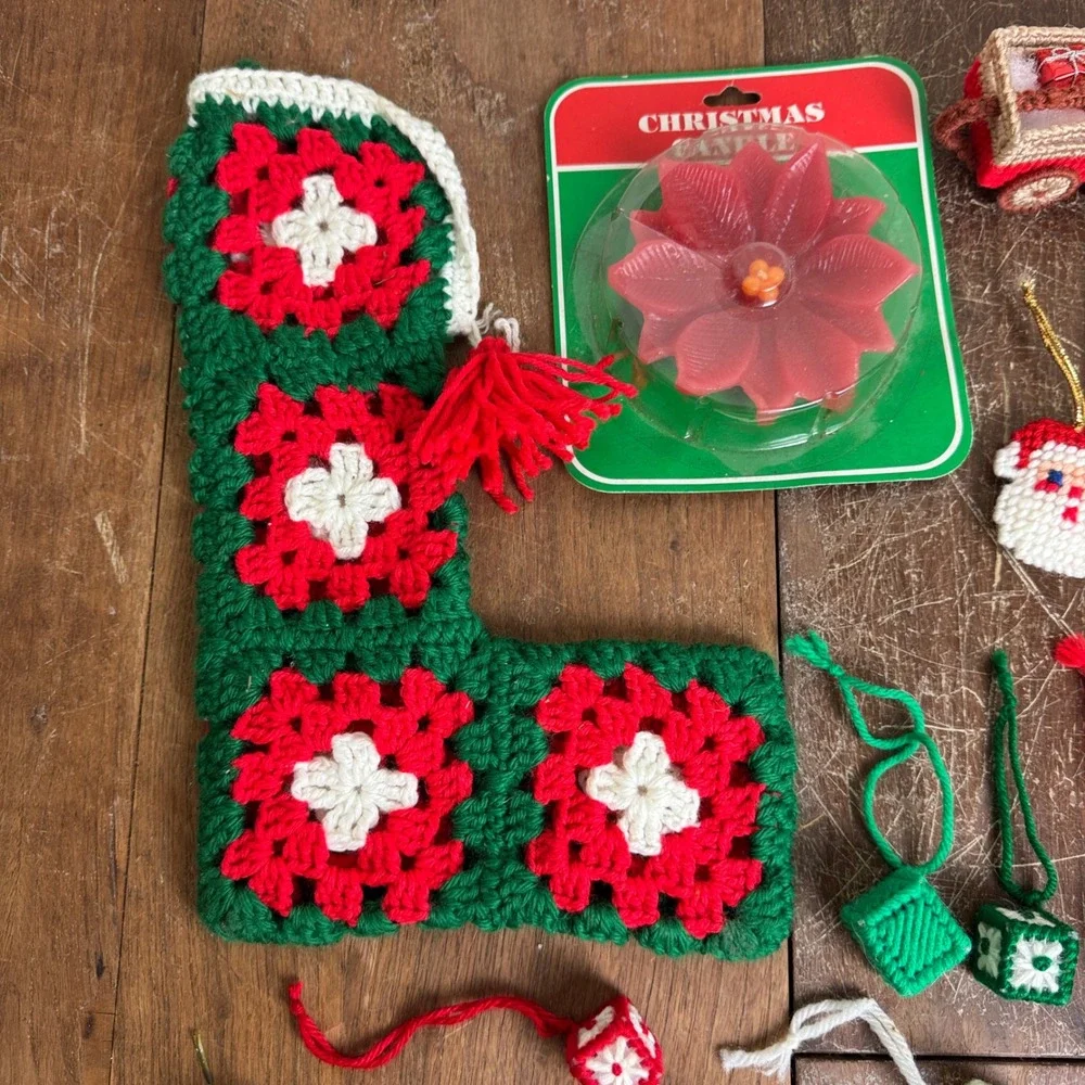 VINTAGE Christmas Granny Square Stocking Poinsettia Candle Various‎ Ornament LOT